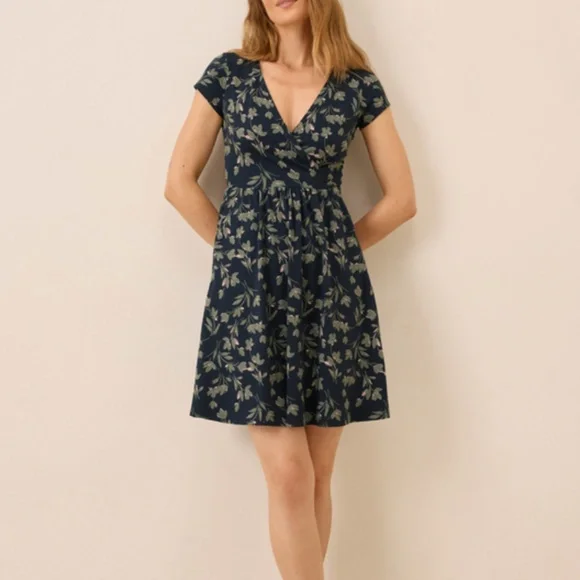 Pact Organic Fit & Flare Crossover Dress Painted Petals Midnight Blue - Picture 1 of 6